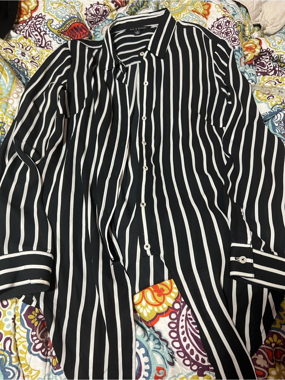 Black & White Vertical Stripe Button-Up Shirt for Women Size Medium